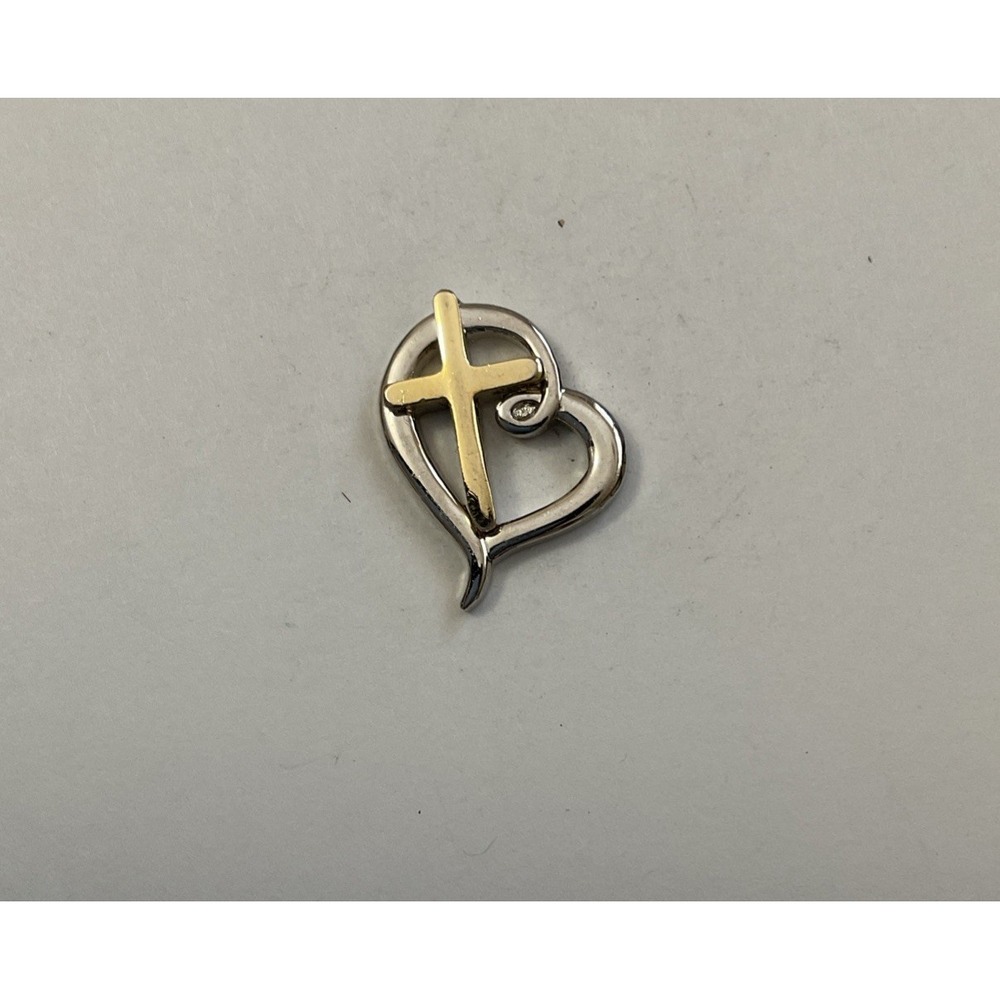 Religious Christian Lapel Pin Heart w Cross Silver/Gold Tone Pinback Brooch CTA
